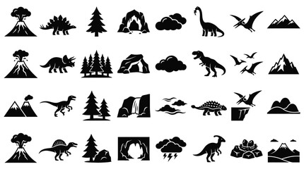 Comprehensive collection of black prehistoric icons featuring various dinosaur species like T-Rex and Triceratops alongside environmental elements like volcanoes, mountains, and trees. © VectorSuka