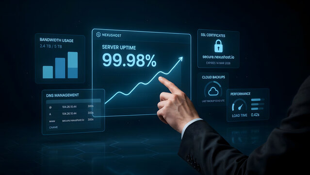 Business professional interacting with a digital holographic performance dashboard