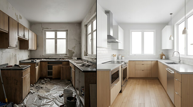 Comparison of neglect and renovation showing a kitchen before and after refurbishment