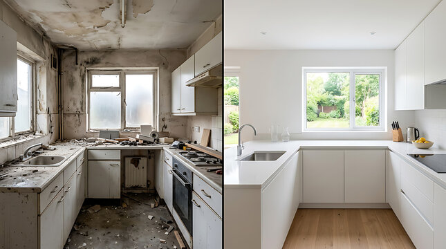 Contrast Between Abandoned and Modern Kitchen Spaces Showcasing Structural Decay and Renovation