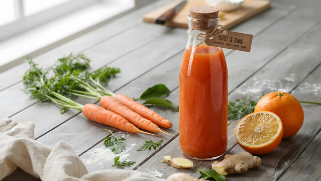 Fresh carrot and orange juice in a glass bottle on a rustic wooden table