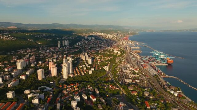 Aerial view of Rijeka port, boats, and coastal promenade in Croatia