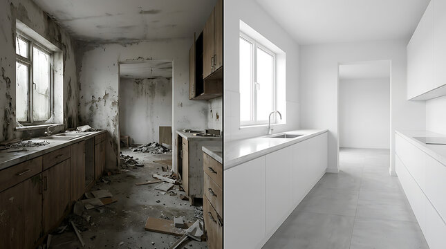 Contrast Between Abandoned Dilapidated Kitchen and Modern Renovated Space Showing Decay and Renewal
