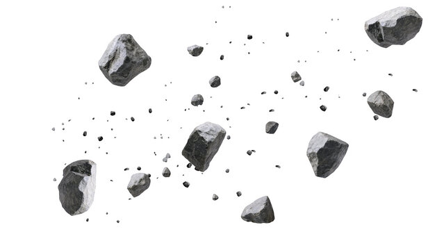 Flying Rock Fragments Suspended in Space, 3D Asteroid Debris on Transparent Background