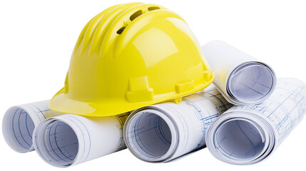 Yellow hard hat resting on rolled blueprints © Ari