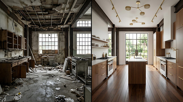 Transformation of a dilapidated kitchen into a modern contemporary culinary space showcasing renovation and remodeling efforts