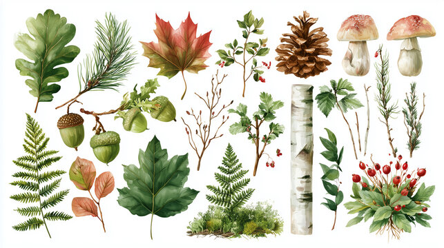 Set of Forest Elements Watercolor Illustration Featuring Diverse Leaves Pinecones Mushrooms Acorns and Branches Isolated on White Background for Seasonal Autumnal Design Projects and Decorative