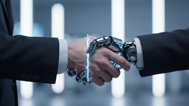 Human and robot handshake: artificial intelligence partnership and digital business collaboration concept