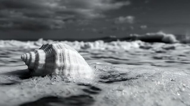 Black and White Seashell on Dark Sandy Beach with Ocean Waves - A detailed close-up shot in black and white of a textured seashell resting on dark sand at the edge of the ocean.