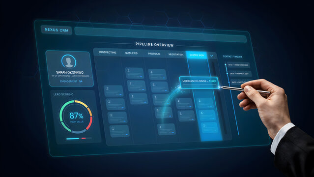 Businessman interacting with a digital interface for project management