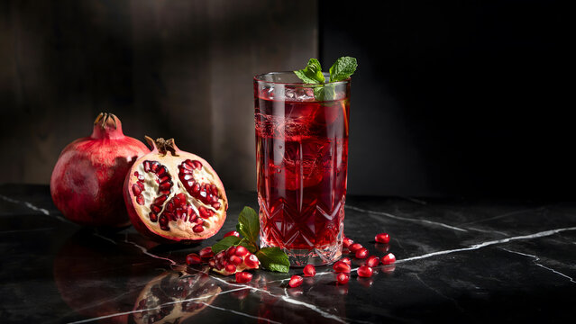 Fresh pomegranate cocktail with ice and mint on a dark marble table