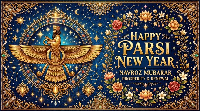 Faravahar Symbol Celebrating Parsi New Year Tradition for Navroz Festival Greeting Design