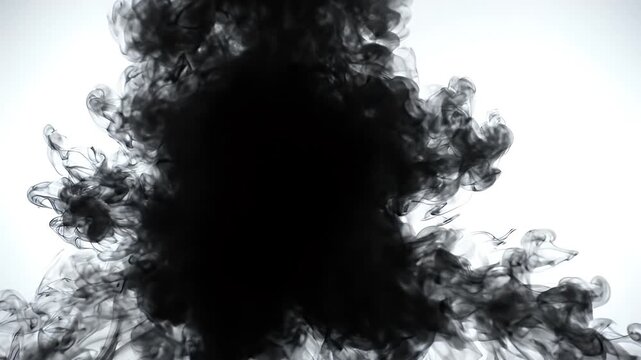 Black Smoke Plumes Abstract Backdrop - Abstract black smoke plumes expand across a bright white backdrop, creating a dynamic and artistic flow.