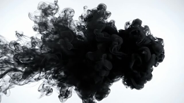 Black Ink Cloud Abstract on White - Dark black ink plumes expand and swirl against a clean white backdrop, creating a dramatic and artistic abstract visual.