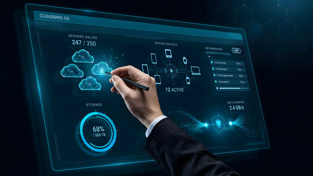 Businessman interacting with futuristic digital cloud computing interface