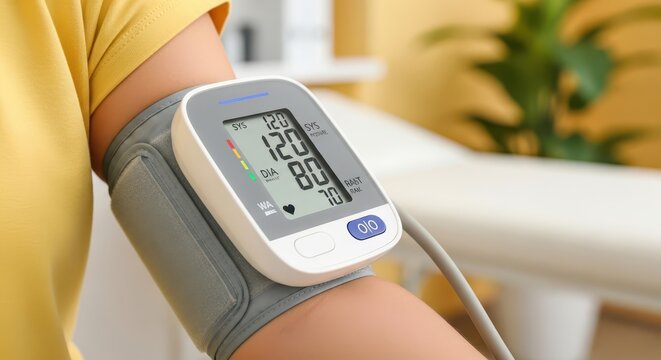 Close-up of a person's arm with a digital blood pressure monitor showing readings of 120/80 mmHg