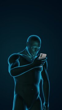 Human experiencing text neck pain due to poor posture while using smartphone with copy space
