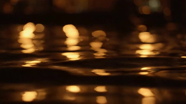 Golden night water ripples background: abstract bokeh light reflections on dark liquid surface for cinematic motion and luxury visuals