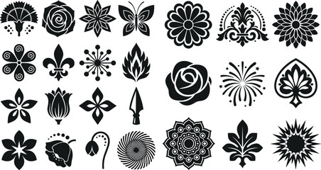 Elegant floral ornaments and vintage damask stencils solid silhouette icon set isolated on white background. © Shukimon