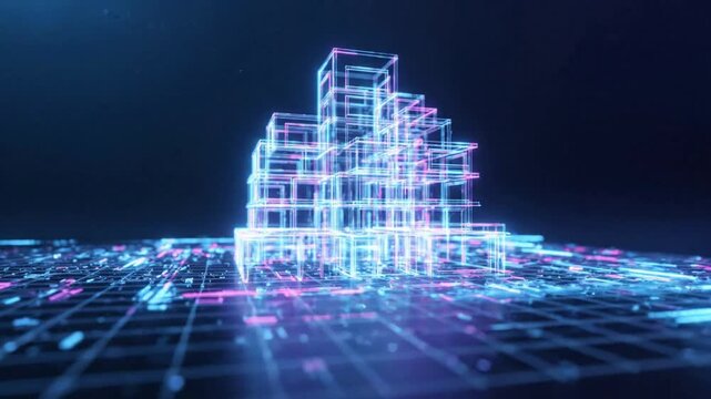 Digital smart city construction hologram: futuristic urban planning and data architecture visualization with neon cybernetic network grid