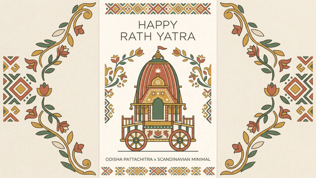 Minimalist Happy Rath Yatra Poster Inspired by Odisha Pattachitra Art