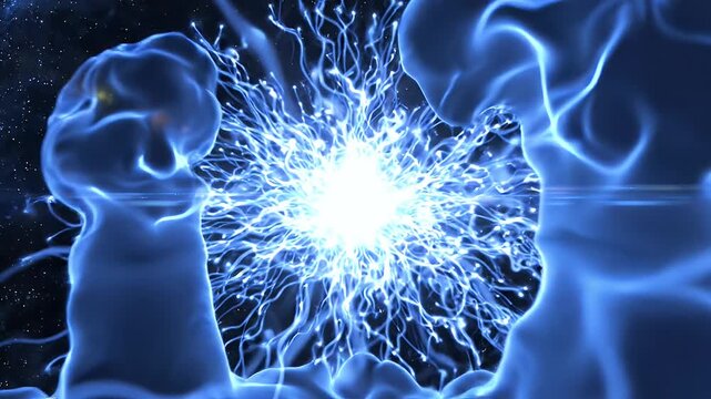 Abstract Blue Plasma Energy Burst - A bright white light bursts at the center of the frame, creating energetic tendrils of blue plasma that emanate outwards.