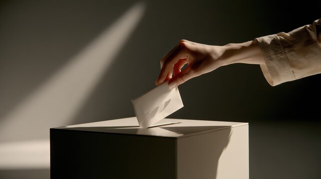 A hand places a ballot envelope into a voting box in dramatic lighting. The image symbolizes civic participation, democracy, and the power of choice.
