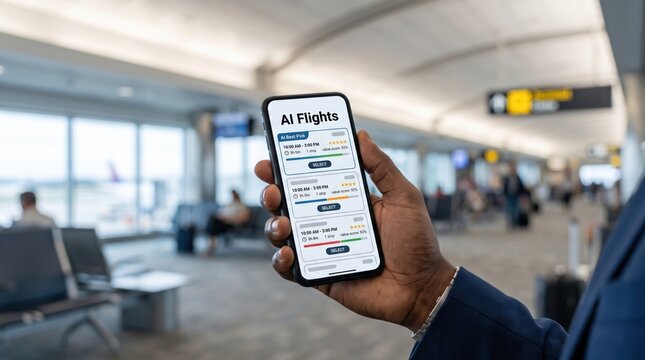 Businessman holding smartphone searching AI flights search app inside modern airport terminal departure hall