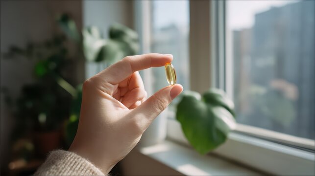 A hand holds a golden capsule against a sunlit window, emphasizing wellness and daily health routines. The softgel vitamin glows in natural morning light.
