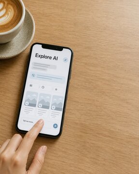 Flat lay of woman touching smartphone with explore AI assistant screen on wooden table with coffee