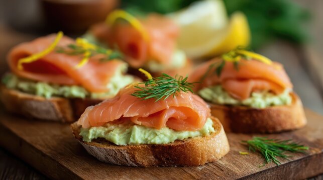 Photorealistic appetizer of toasted baguette topped with smoked salmon, avocado, and dill. Natural lighting and macro focus highlight the gourmet textures and freshness.