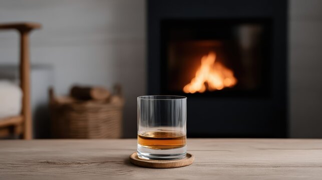 A tumbler of whiskey sits on rustic wood, firelight softly glows in the background. Warm, minimal, and serene, this scene captures cozy winter relaxation.