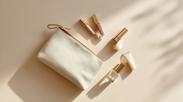 Minimalist beauty essentials and cosmetics arranged beside an elegant pouch. Soft golden hues highlight luxury and feminine style in this chic flatlay.