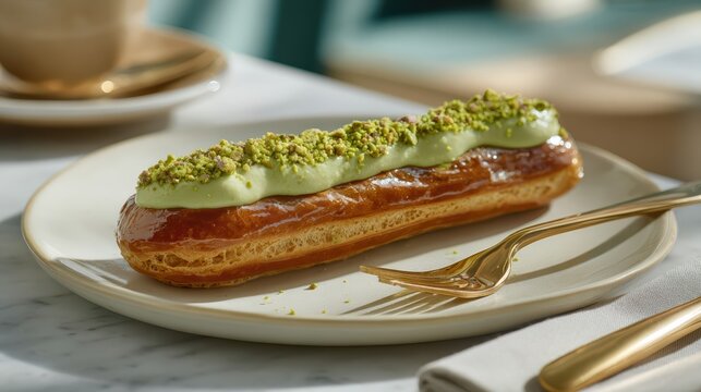 A gourmet pistachio eclair shines with glossy glaze and creamy pistachio topping. This elegant French pastry is perfect for a luxurious dessert or brunch treat.