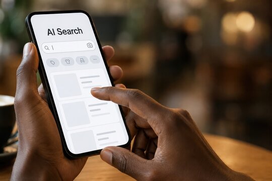 Man holding smartphone with AI search visual shopping interface in coffee shop