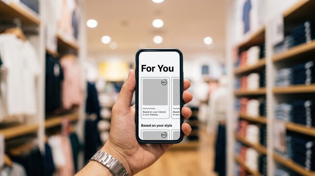 Man holding smartphone displaying personalized AI fashion recommendation app in clothing retail store