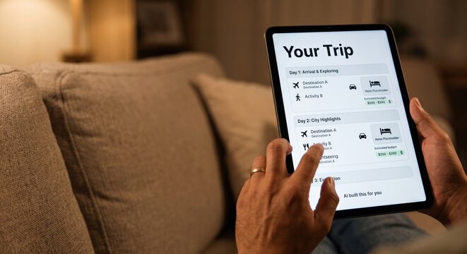 Man holding tablet planning travel itinerary using AI trip planner app in cozy living room
