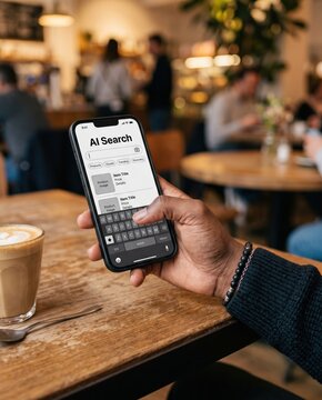 Man holding smartphone typing search prompt on AI search app UI on wooden table in coffee shop