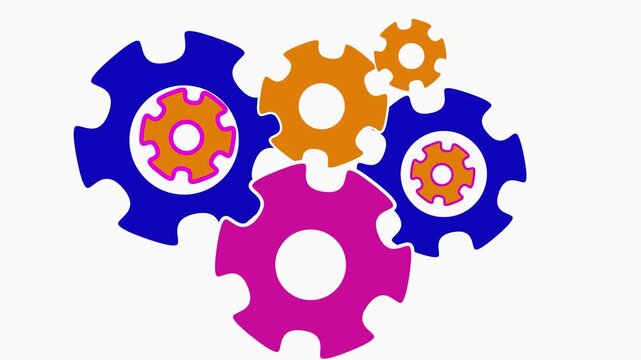 Many colorful gears rotating against a white background.