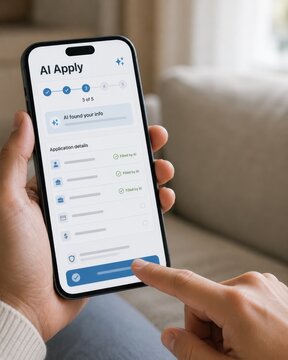 Person holding smartphone with AI apply financial application form on screen in cozy living room