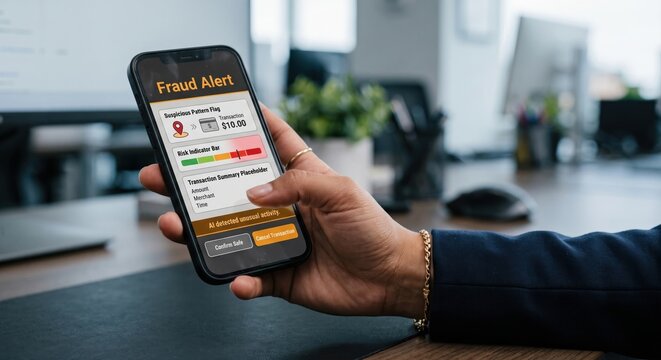 Person holding smartphone reviewing AI fraud alert notification and risk level indicator in office