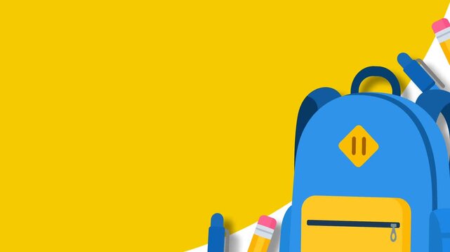 Back to School Concept with Blue Backpack and School Supplies on Yellow Background.