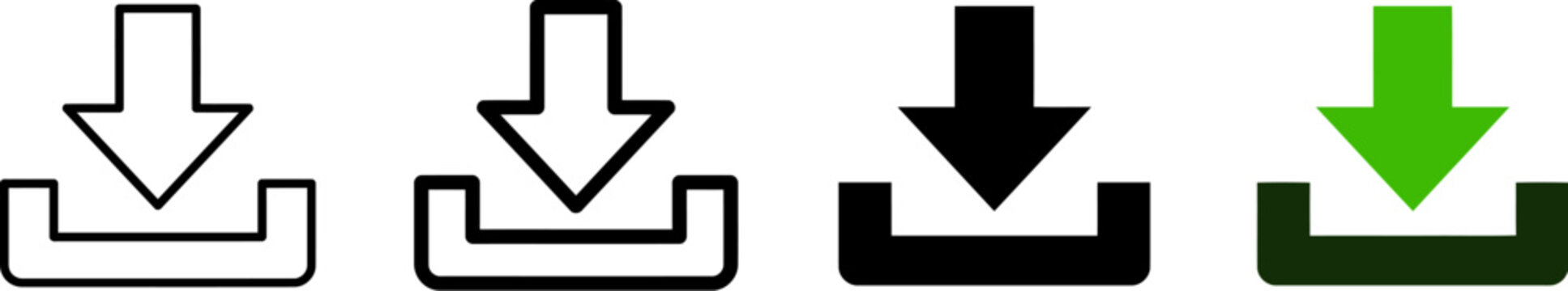Download icon set in flat and outline styles, green and black arrow symbols for web interface, 4 vector elements for digital file transfer Ediable path.