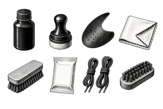 Vintage engraved shoe care accessories set illustration