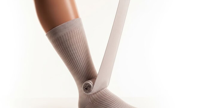 Close-up of a person's leg wearing a comfortable, supportive sock and a compression band around the ankle
