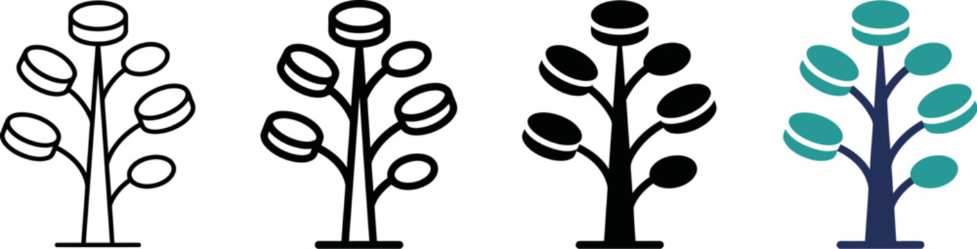 Minimalist macaron tree icon set, French confectionery dessert tree vector illustration, sweet bakery pastry shop logo elements in four styles Ediable path.