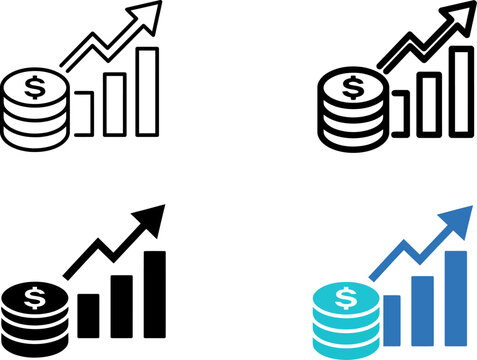 Financial growth icon set, dollar coin stack with rising bar chart and arrow, business profit and investment success vector graphics Ediable path.