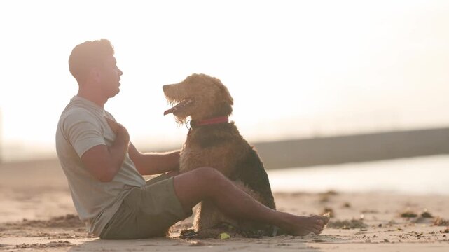 Man hugging and petting his airedale terrier dog on the beach at sunset