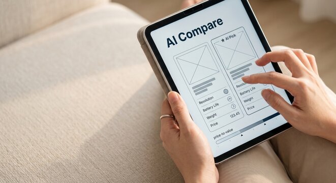 Woman using tablet comparing product specifications with AI compare tool on sofa at home