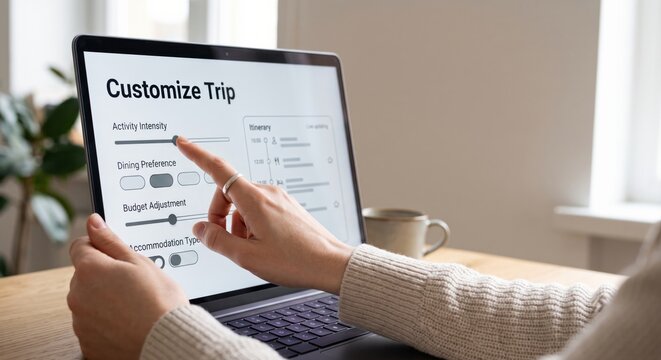 Woman touching laptop screen customizing travel itinerary preferences on wooden desk at home